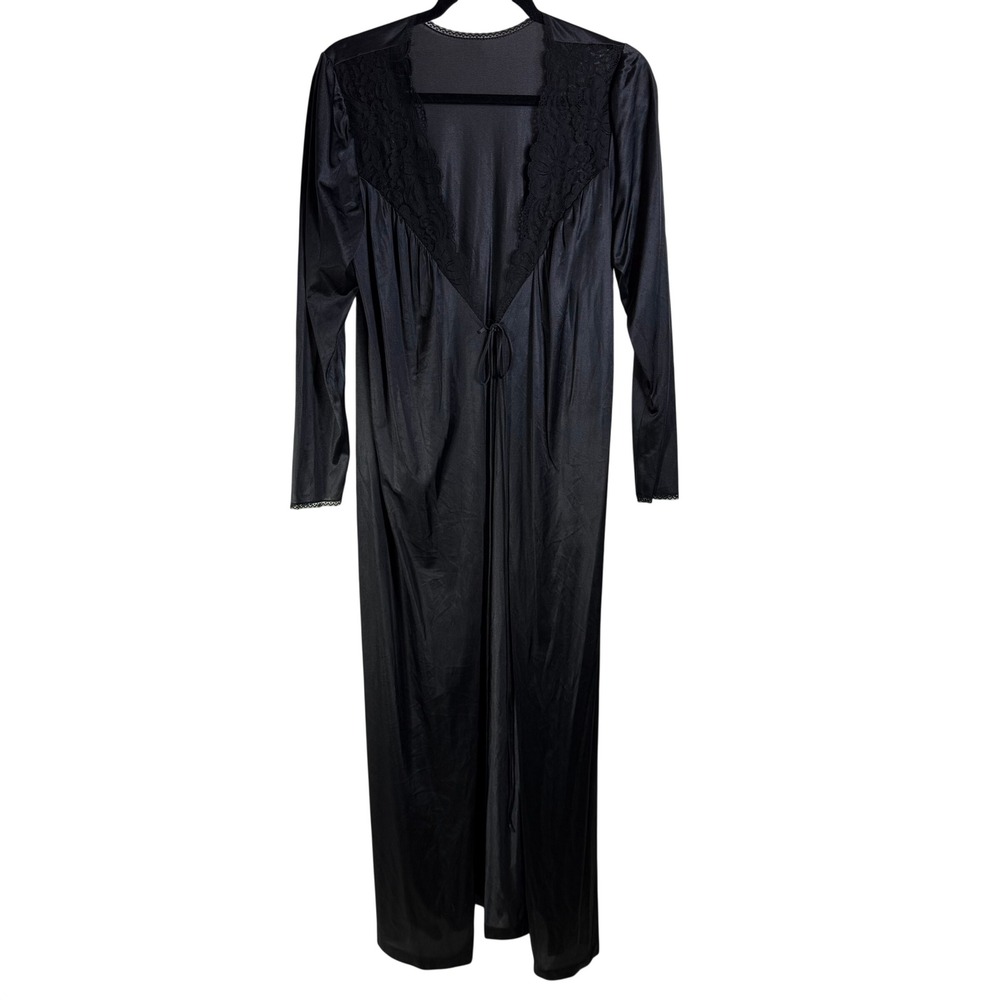 Vintage Fifth Avenue Black Nylon Lace Trim Long Robe ILGWU Union Made Medium
